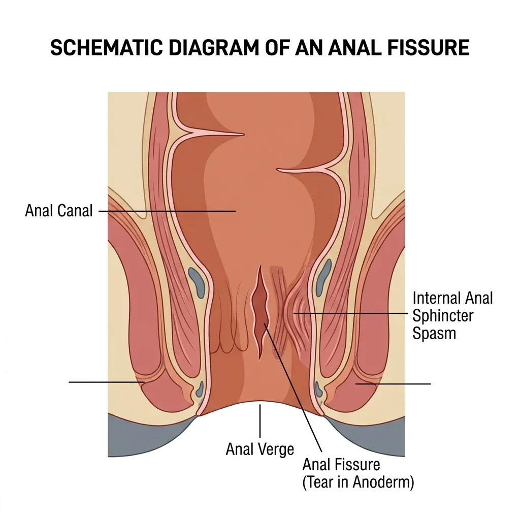 Diagram showing an anal fissure and spasm of the internal anal sphincter