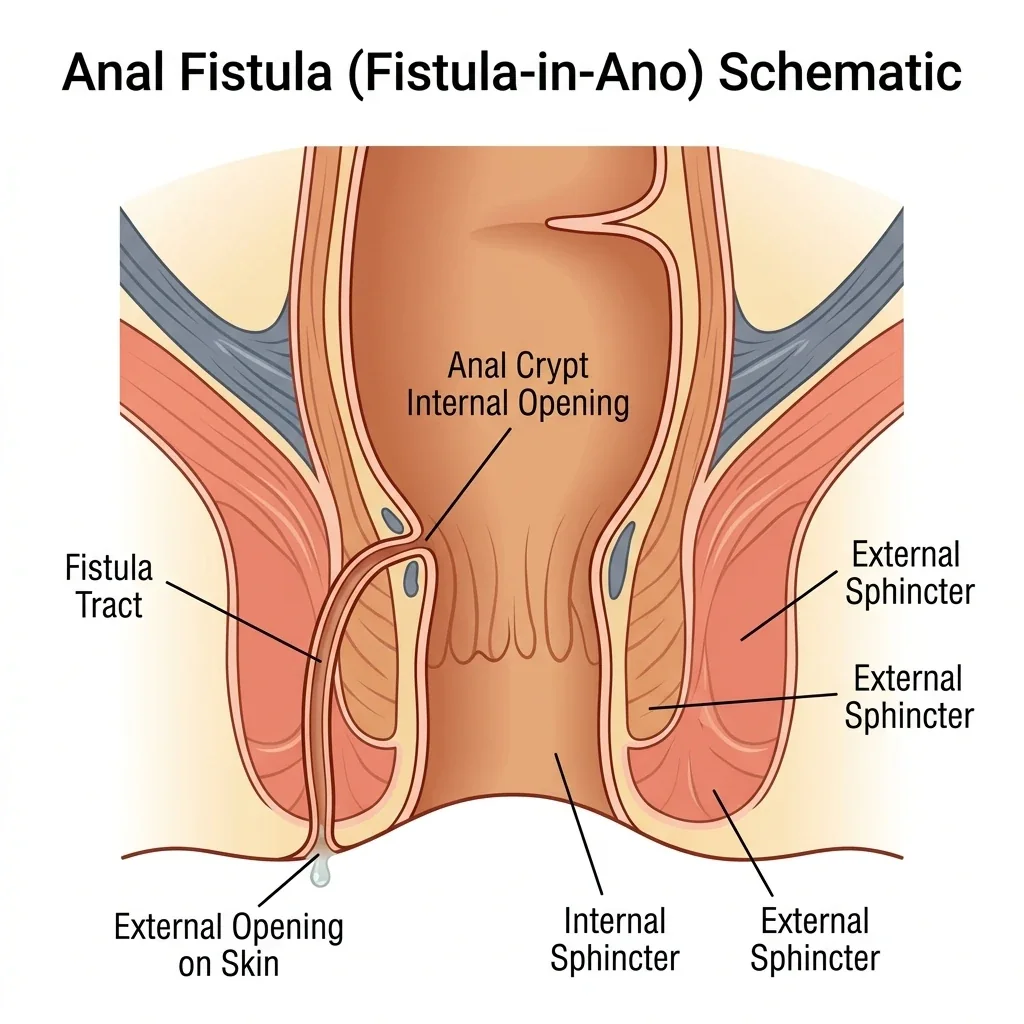 Diagram showing an anal fistula tract crossing the sphincter muscles