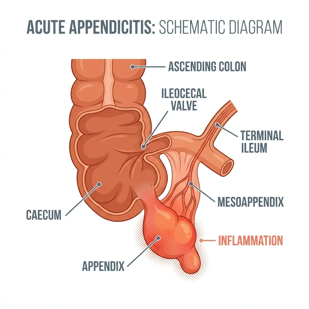 Diagram showing an inflamed appendix and nearby bowel