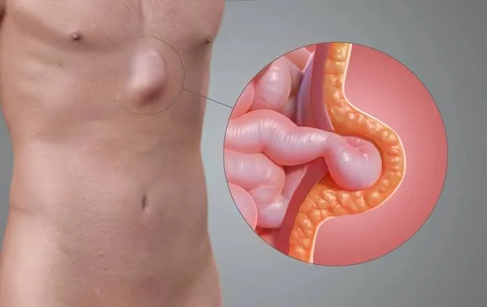 Illustration showing an epigastric hernia in the upper midline abdomen