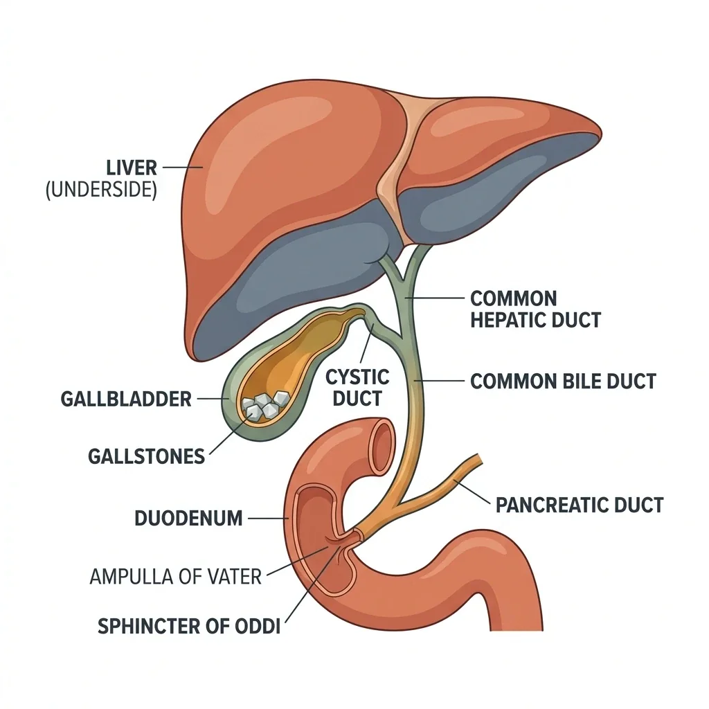 Diagram of the liver, gallbladder, bile ducts and gallstones