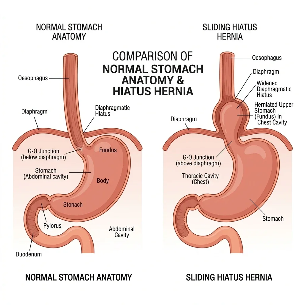 Comparison of normal stomach position and a sliding hiatus hernia