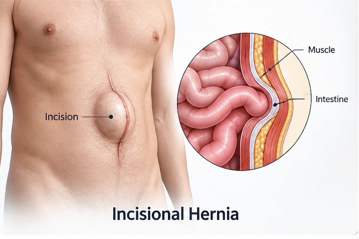 Illustration showing an incisional hernia through a previous abdominal incision