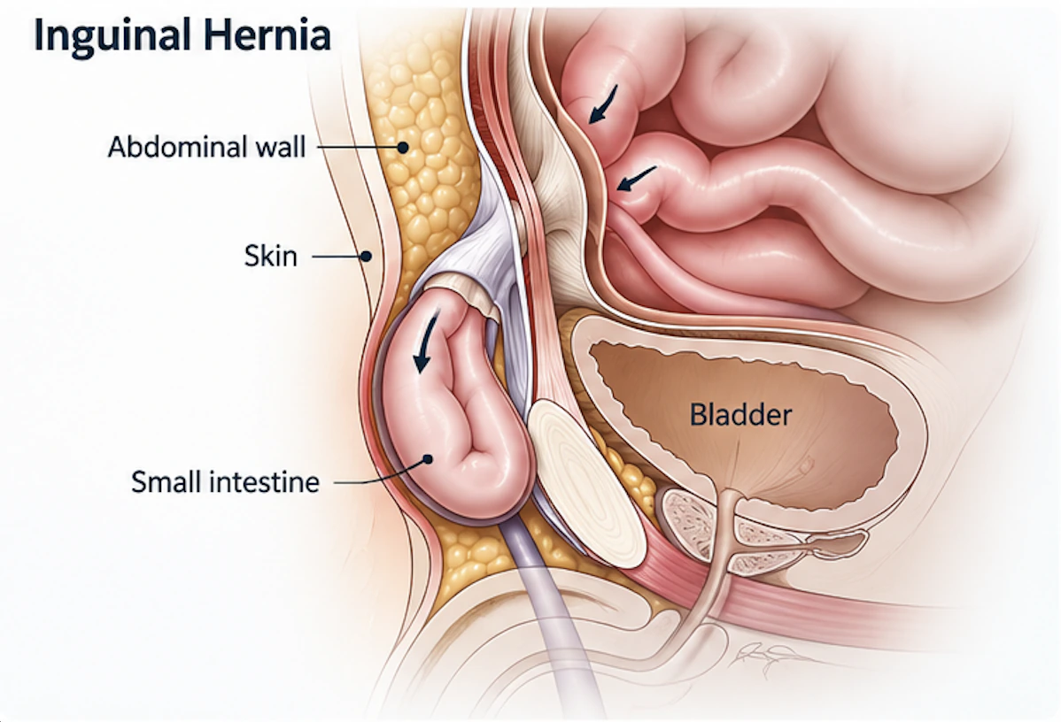 Side-view diagram showing an inguinal hernia in the groin