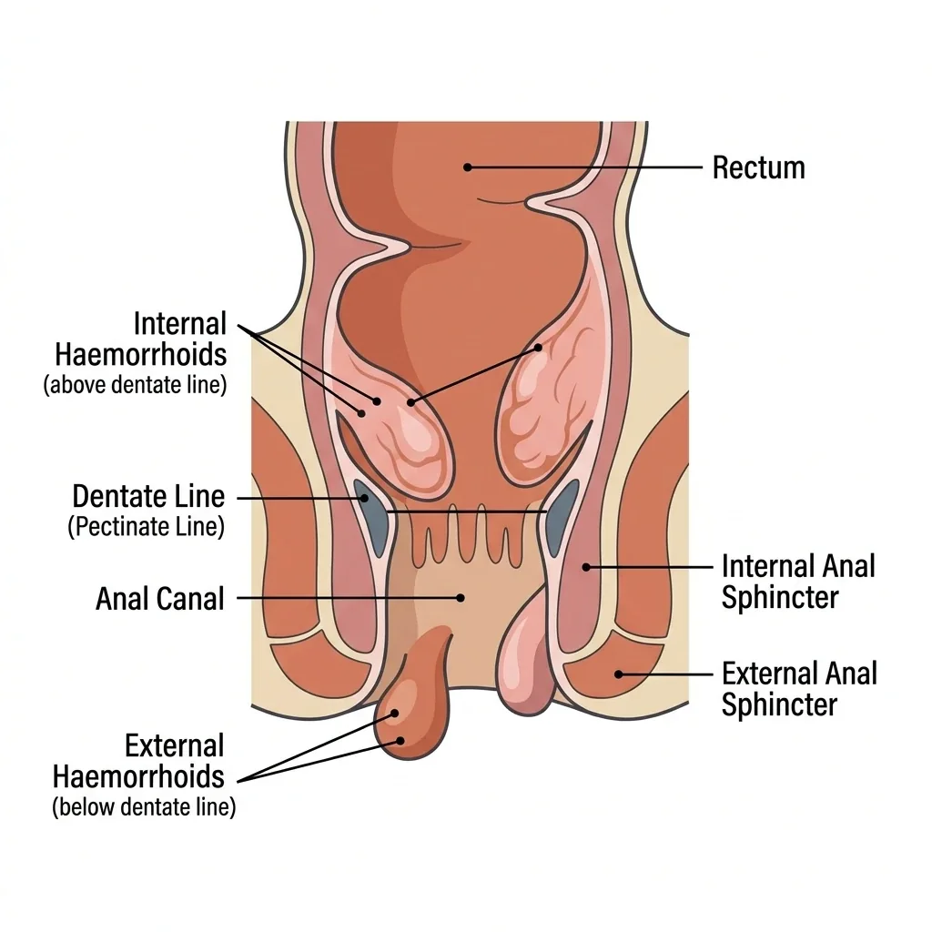 Diagram showing internal and external haemorrhoids in the anal canal