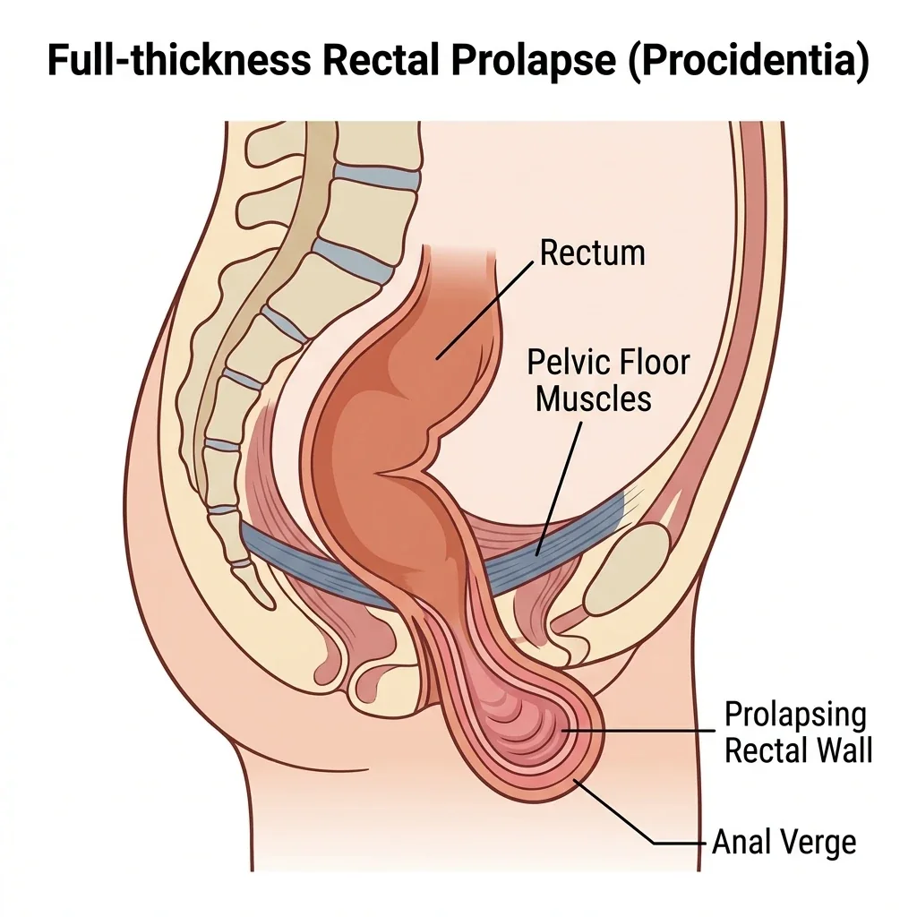 Side-view diagram showing full-thickness rectal prolapse through the anus