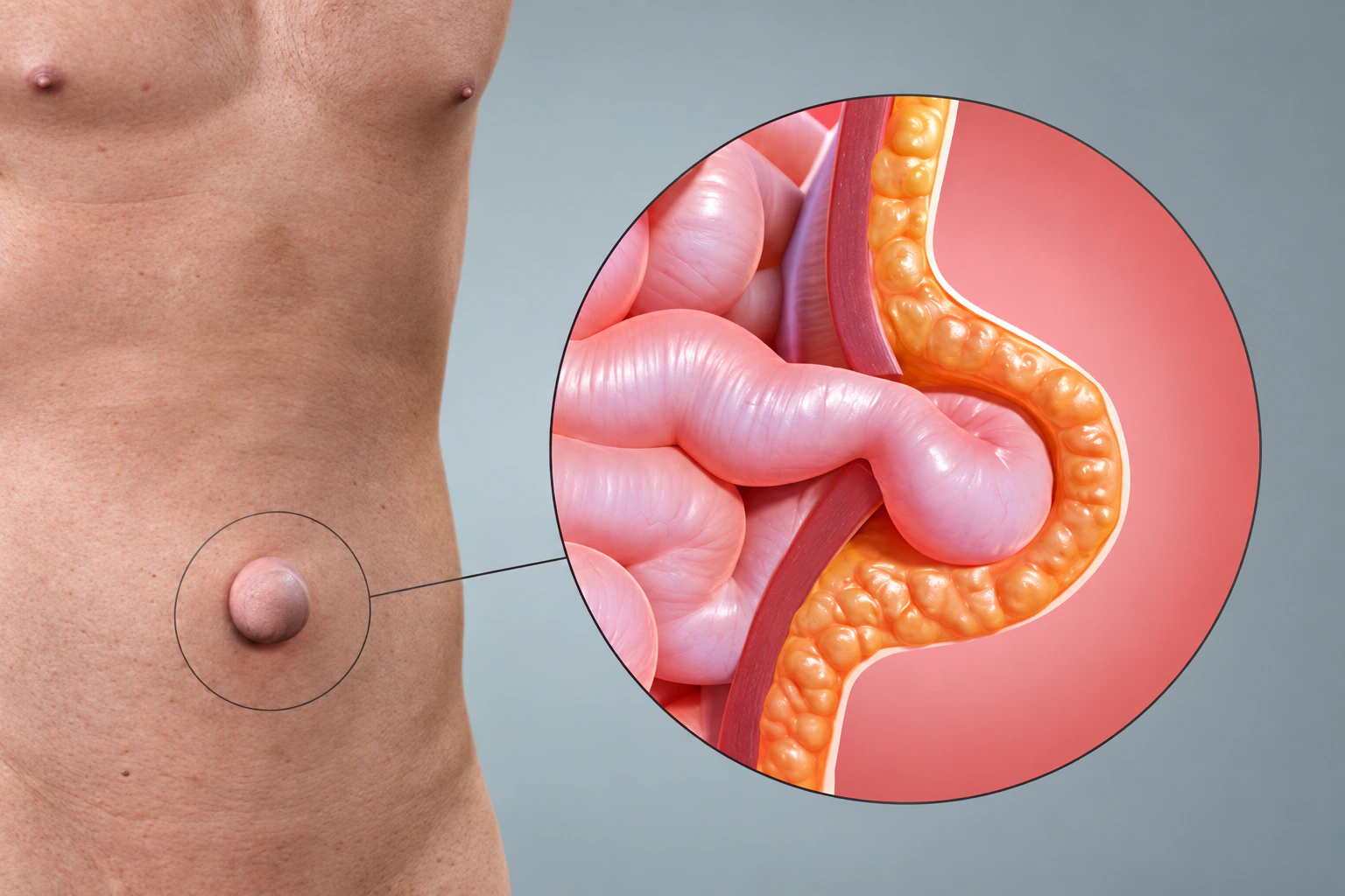 Illustration showing an umbilical hernia at the navel
