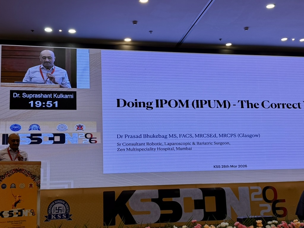 Dr Prasad Bhukebag lecturing on IPOM hernia repair at KSSCON 2026 Kolhapur Surgical Society